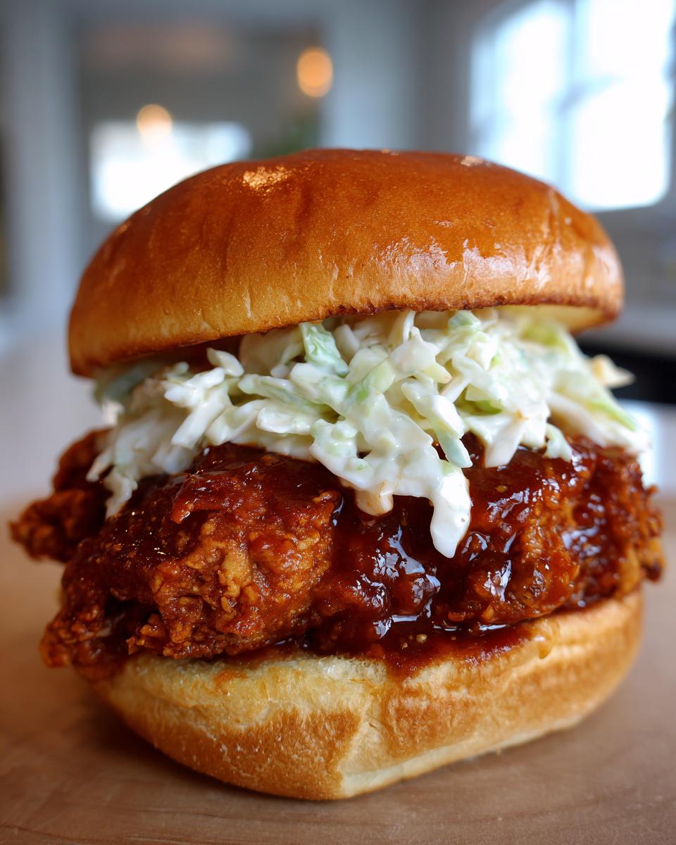 Close-up of a juicy buffalo chicken sandwich featuring crispy fried chicken coated in sauce and topped with coleslaw on a brioche bun.