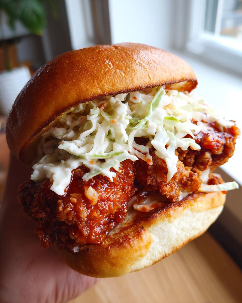 Close-up of a juicy buffalo chicken sandwich featuring crispy fried chicken coated in sauce and topped with coleslaw on a brioche bun.