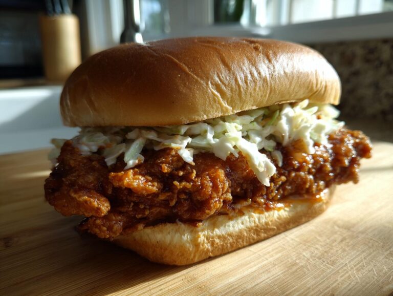 A close-up of a juicy, crispy buffalo chicken sandwich topped with creamy coleslaw on a brioche bun.