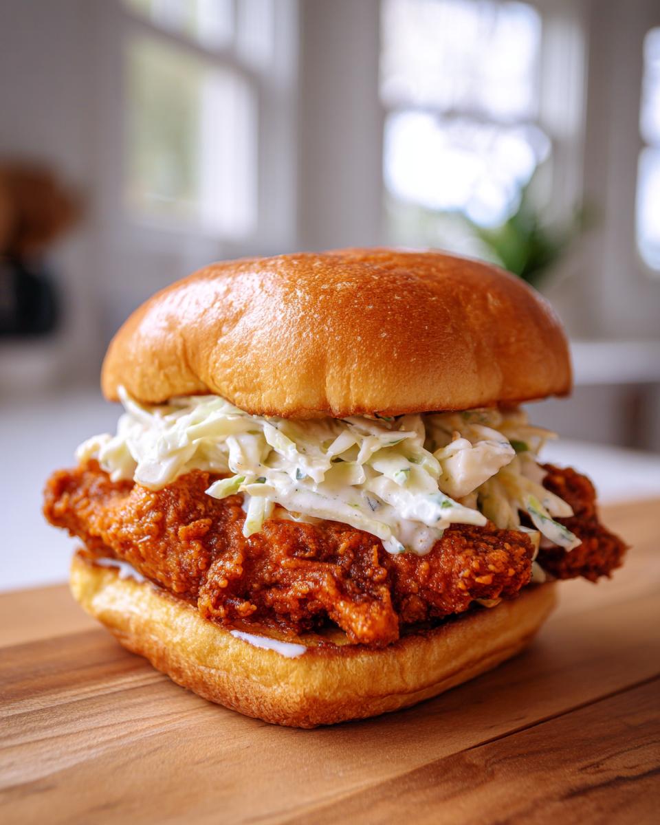 A close-up of a juicy buffalo chicken sandwich topped with creamy coleslaw on a brioche bun.