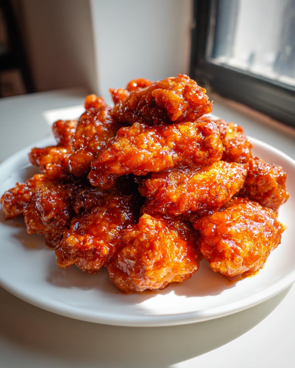 A pile of glossy, saucy buffalo wings recipe pieces stacked on a white plate near a window.