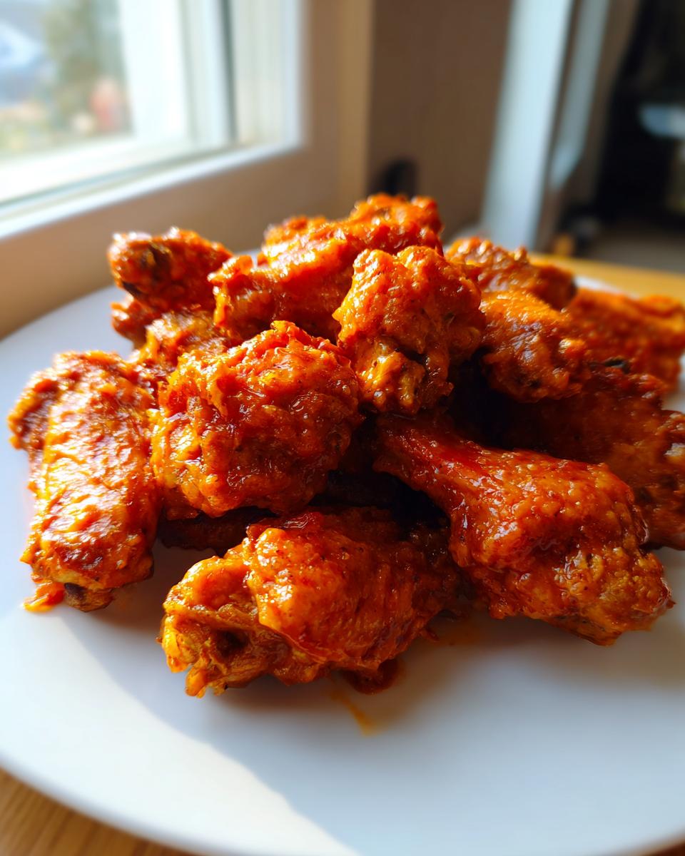 A pile of glossy, bright orange buffalo wings recipe pieces coated in spicy sauce on a white plate.