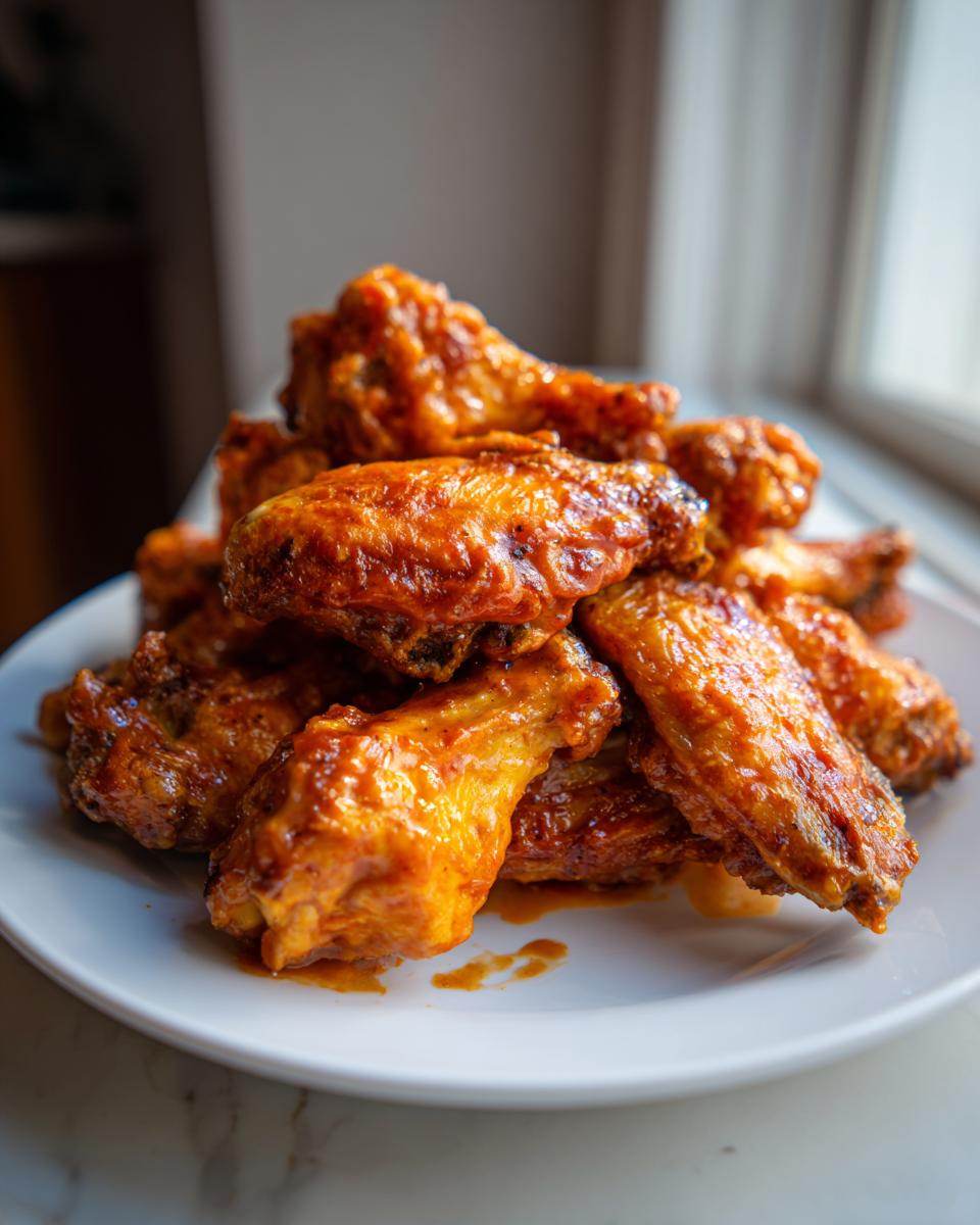 A pile of glossy, orange-sauced buffalo wings recipe served on a white plate near a window.