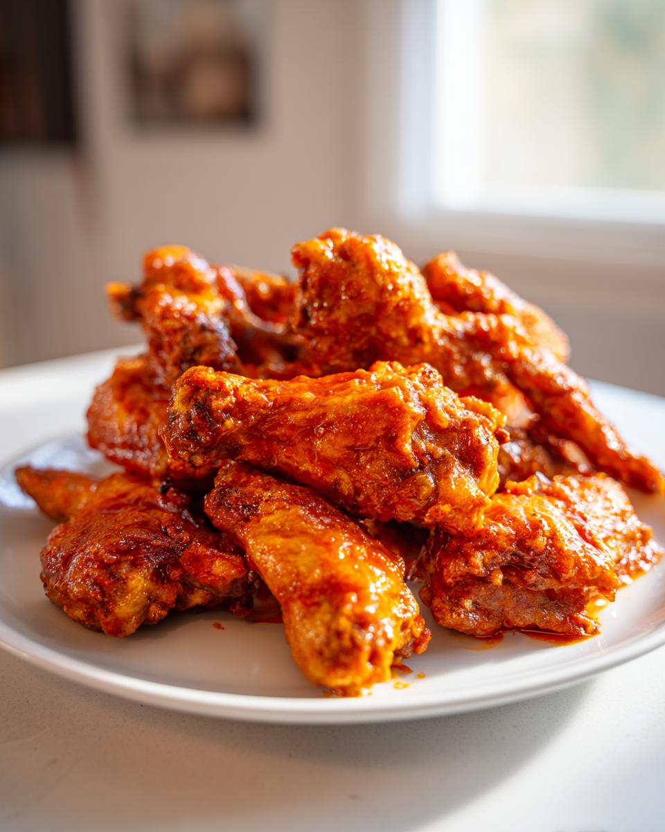 A pile of glossy, bright orange buffalo wings recipe pieces stacked on a white plate.