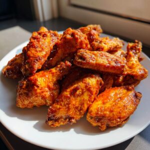 A pile of crispy, saucy buffalo wings recipe coated in bright orange hot sauce, served on a white plate.