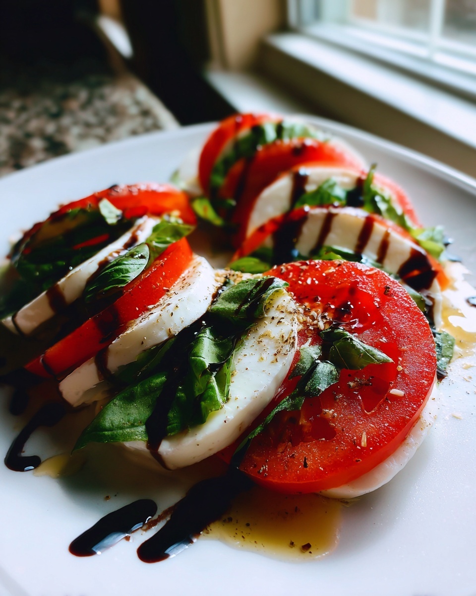 Close-up of a beautiful caprese salad featuring alternating slices of tomato, fresh mozzarella, and basil, drizzled with balsamic glaze.