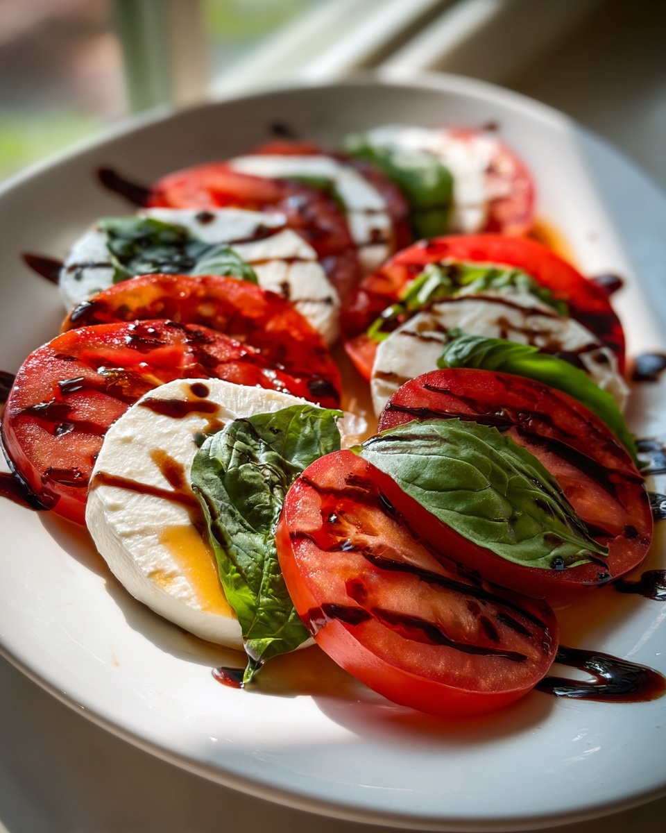 Close-up of a beautiful caprese salad featuring alternating slices of fresh tomato, mozzarella, and basil, drizzled with balsamic glaze.