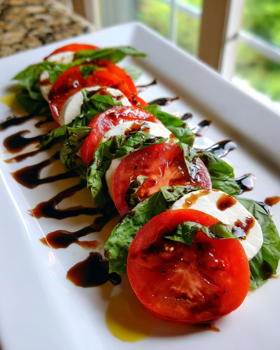 A row of sliced tomatoes, fresh mozzarella, and basil leaves forming a caprese salad, drizzled with balsamic glaze.