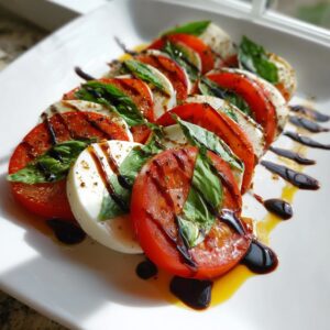 Close-up of a beautiful caprese salad featuring alternating slices of tomato, mozzarella, and basil, drizzled with balsamic glaze.
