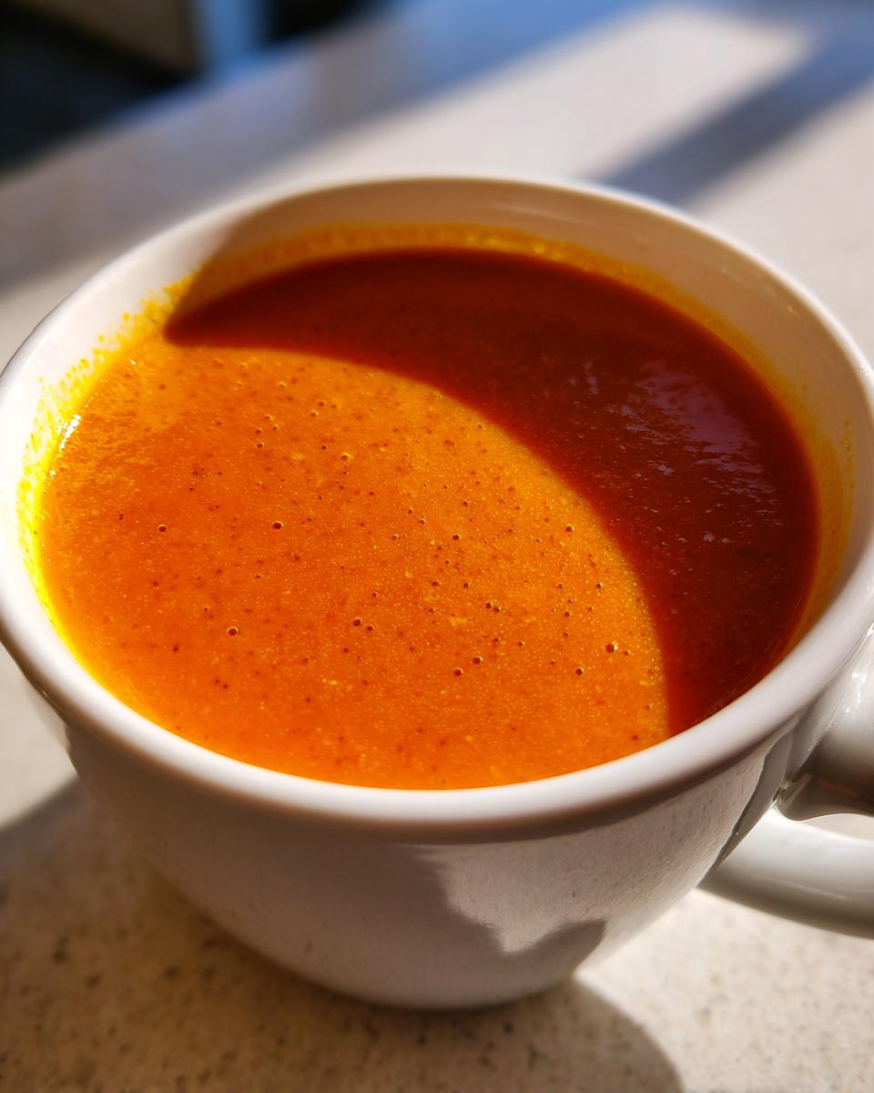 Close-up of vibrant orange carrot ginger soup served hot in a white mug, highlighted by sunlight.