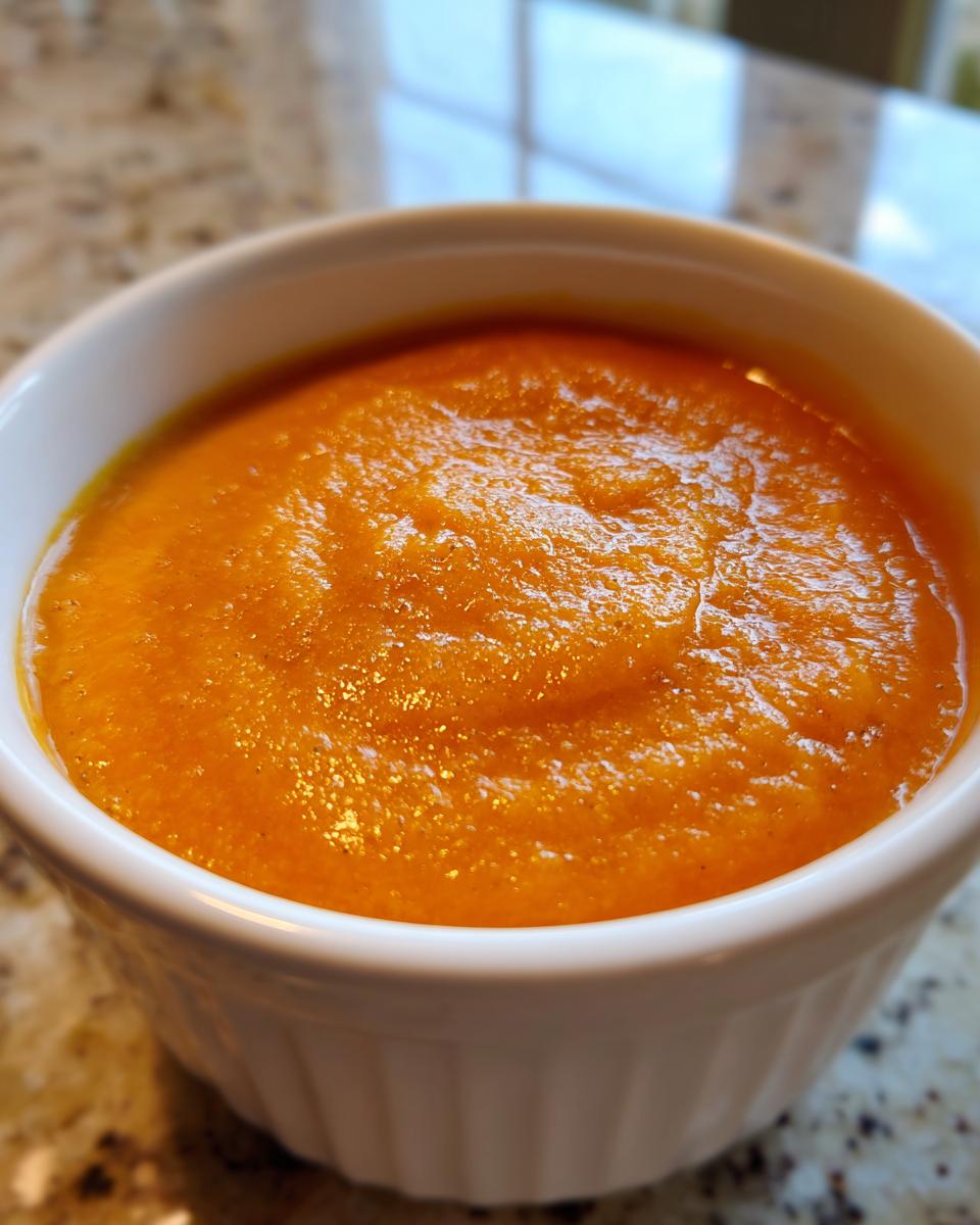 Close-up of a small white bowl filled with smooth, bright orange carrot ginger soup.