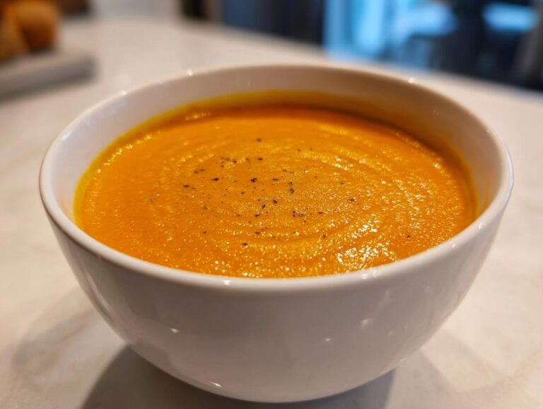 Close-up of a vibrant orange bowl of smooth carrot ginger soup, lightly seasoned with black pepper.