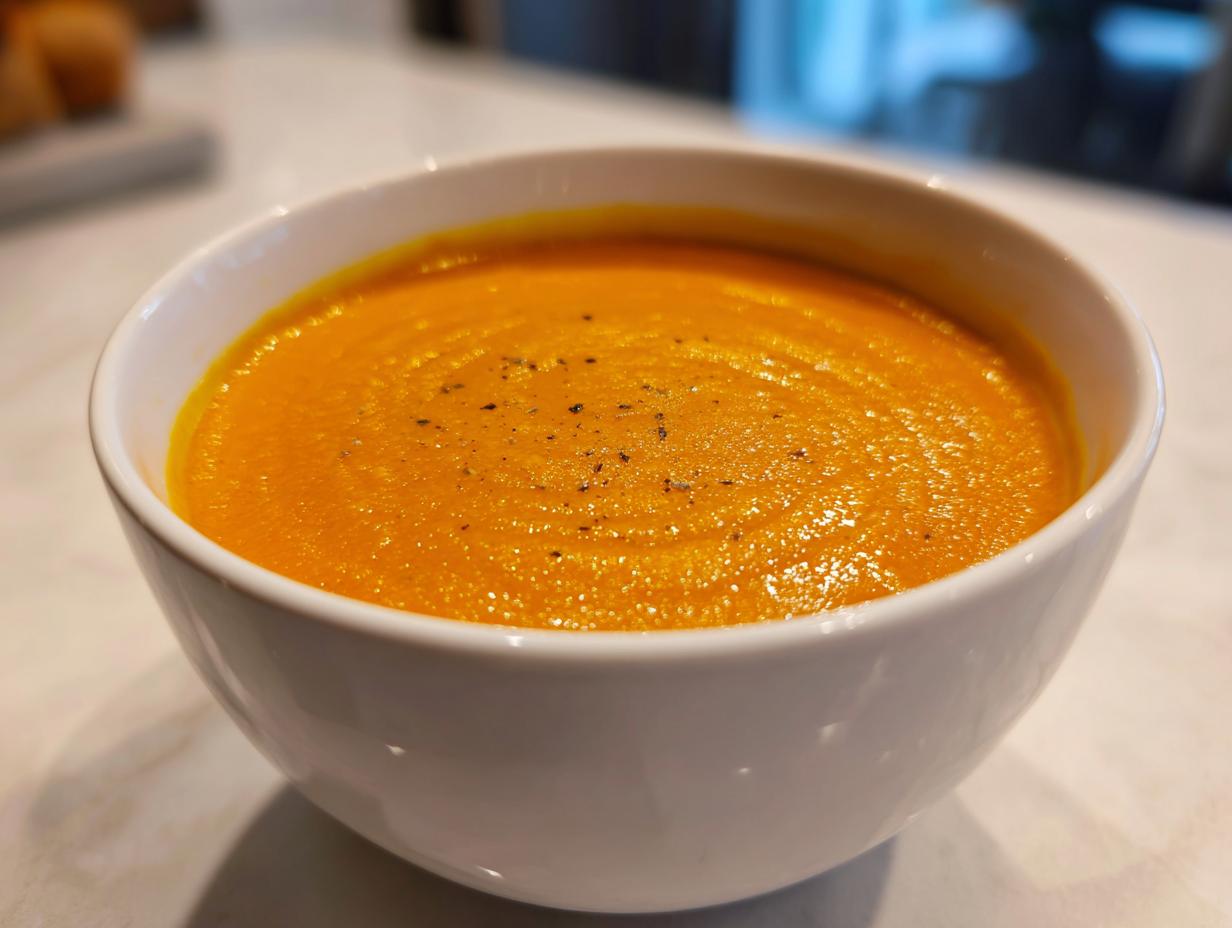 Close-up of a vibrant orange bowl of smooth carrot ginger soup, lightly seasoned with black pepper.