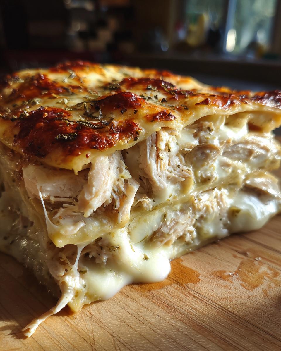 Close-up of a cheesy slice of chicken alfredo lasagna showing layers of shredded chicken and melted, gooey cheese.