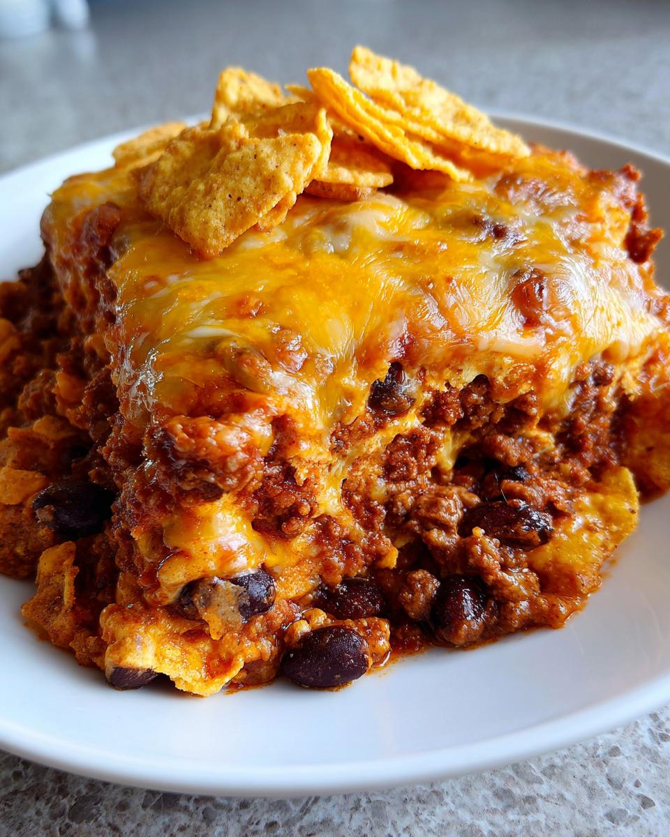 A close-up of a hearty serving of baked Frito Pie casserole topped with melted cheese and Fritos chips.