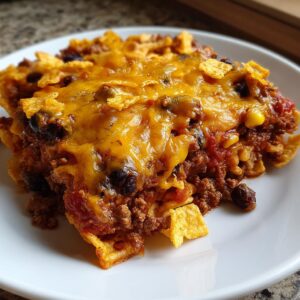 A close-up serving of baked Frito Pie casserole topped with melted cheddar cheese, ground beef, and corn.