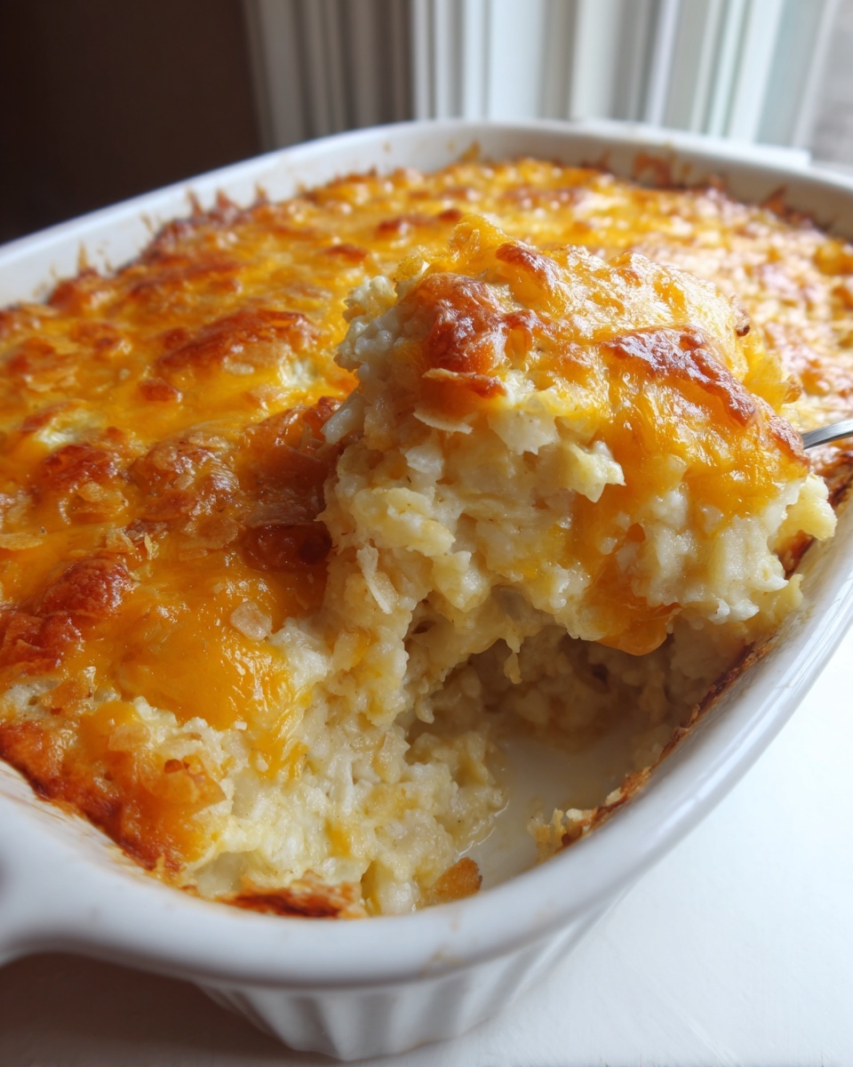 A spoonful of creamy, cheesy hashbrown casserole being lifted from a white baking dish, showing the melted cheddar topping.