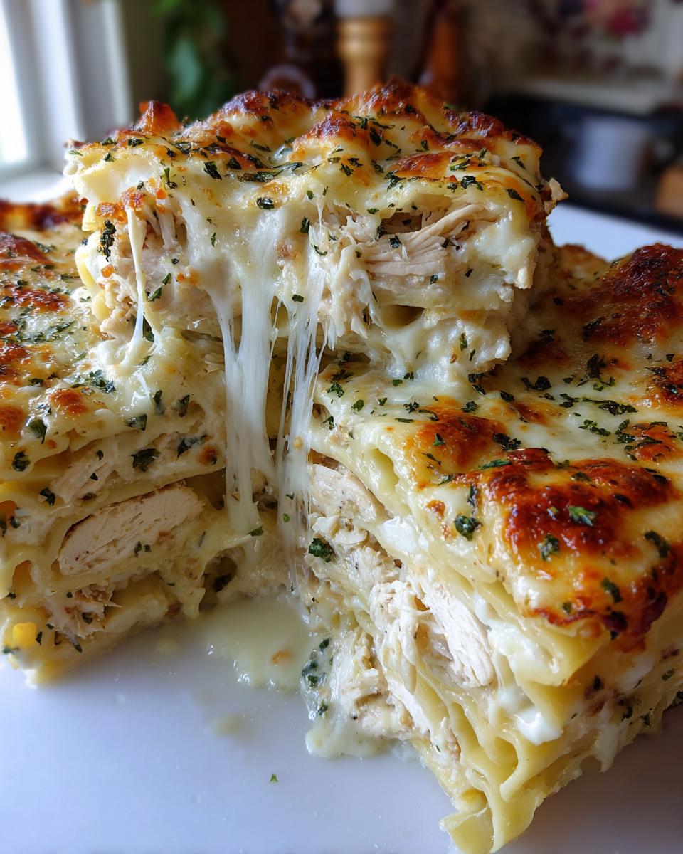 Close-up of a rich slice of chicken alfredo lasagna showing layers and a dramatic cheese pull.