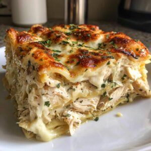 A close-up of a thick slice of chicken alfredo lasagna with layers of shredded chicken and creamy sauce, topped with browned cheese and parsley.