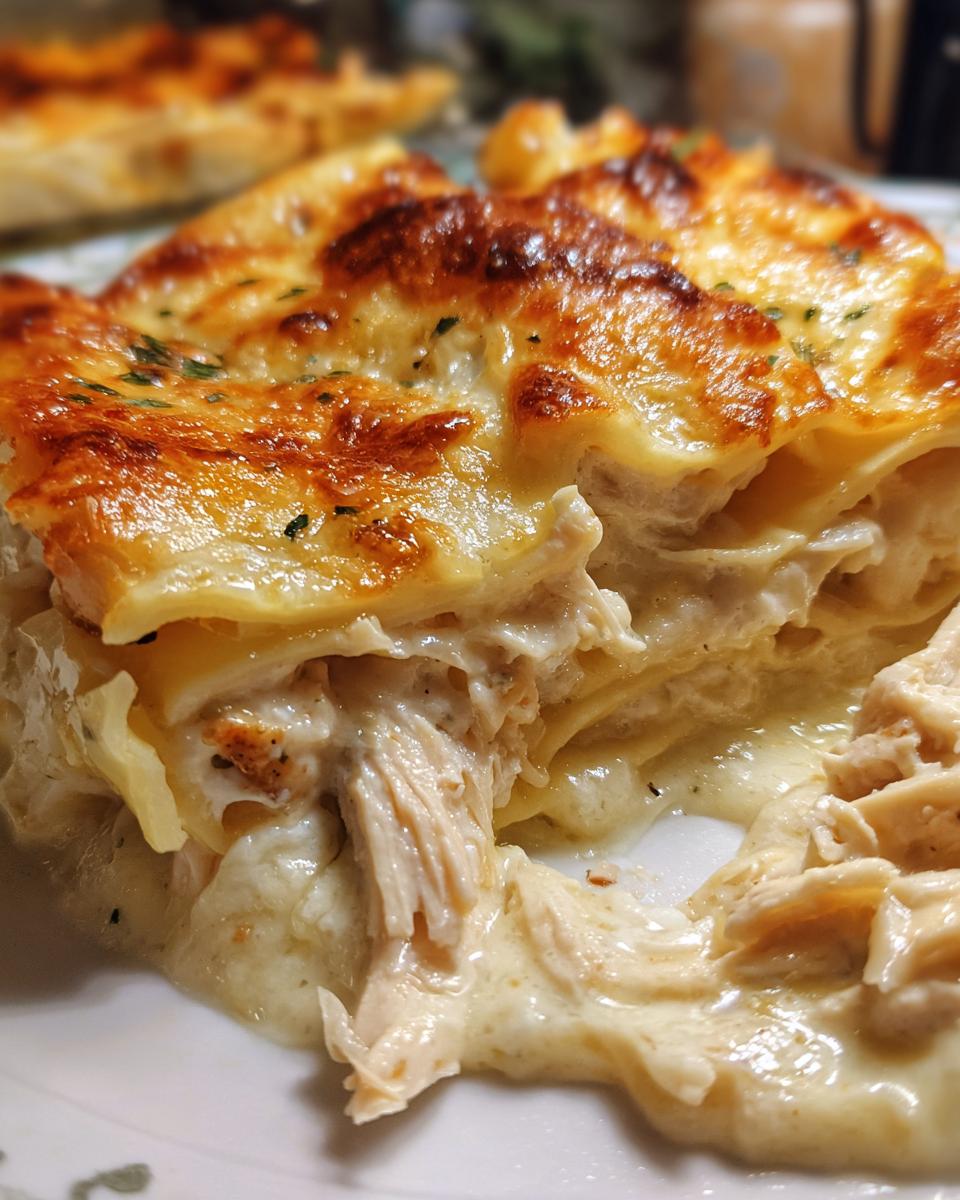 Close-up of a decadent slice of chicken alfredo lasagna showing layers of pasta, creamy sauce, shredded chicken, and a golden-brown cheesy top.