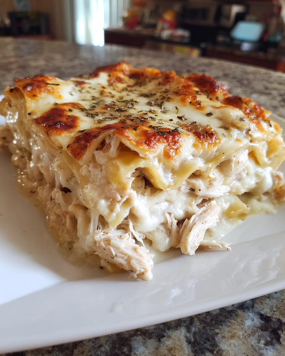 A close-up of a rich slice of chicken alfredo lasagna showing layers of pasta, shredded chicken, and melted cheese topping.