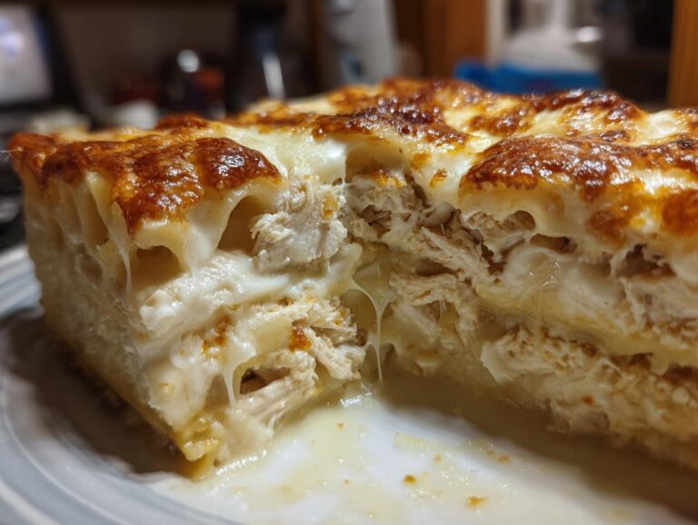 Close-up cross-section of a rich slice of chicken alfredo lasagna showing layers of pasta, shredded chicken, and creamy sauce.