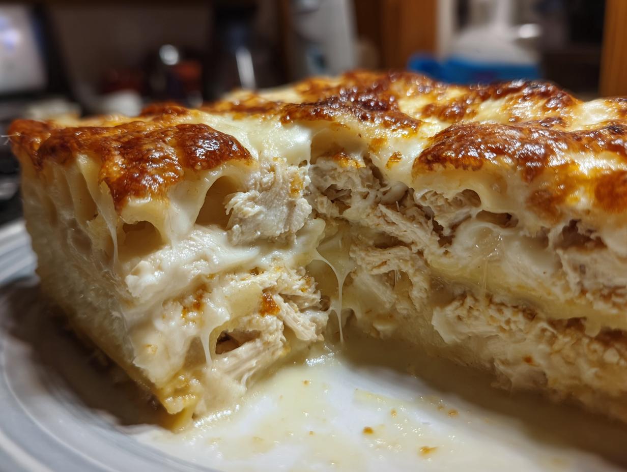 Close-up cross-section of a rich slice of chicken alfredo lasagna showing layers of pasta, shredded chicken, and creamy sauce.