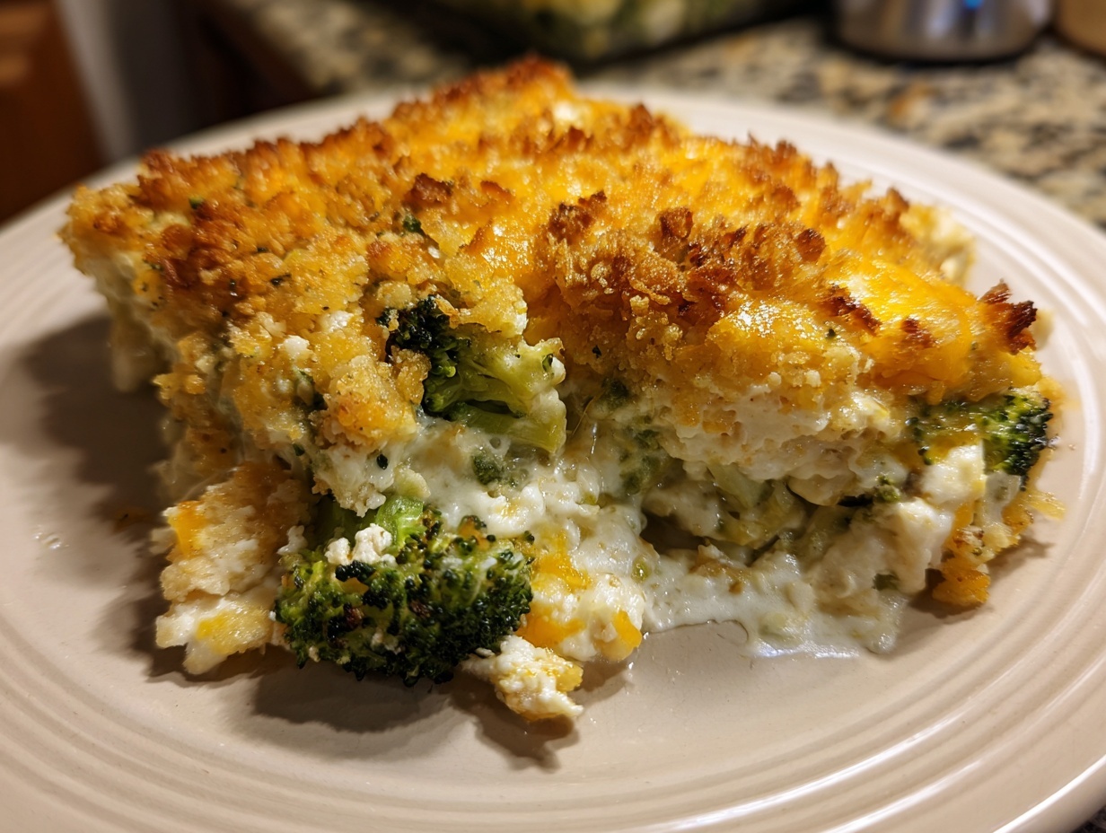 A close-up serving of creamy Chicken Divan casserole featuring broccoli florets and a golden, crunchy cheese topping.