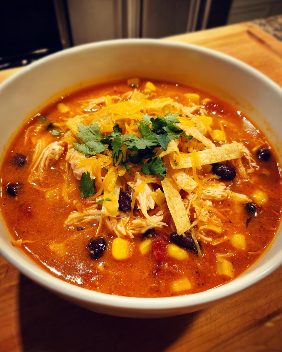 A close-up of a bowl of rich, orange chicken enchilada soup topped with shredded chicken, black beans, corn, cheese, and cilantro.