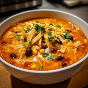 A close-up of a rich, orange broth chicken enchilada soup topped with tortilla strips, black beans, and cilantro.