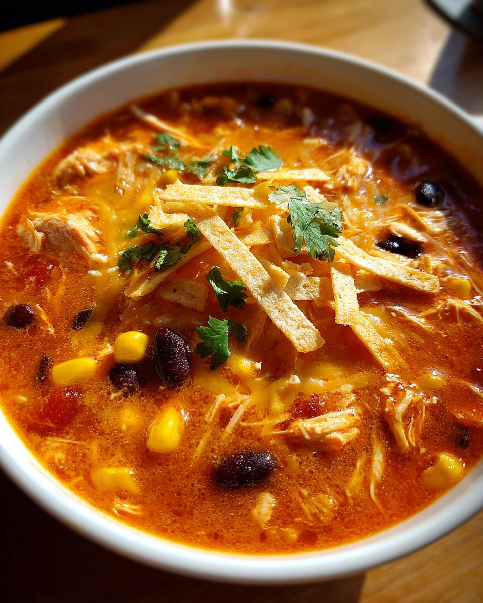 A close-up view of a steaming bowl of rich, orange chicken enchilada soup topped with shredded cheese, tortilla strips, and cilantro.