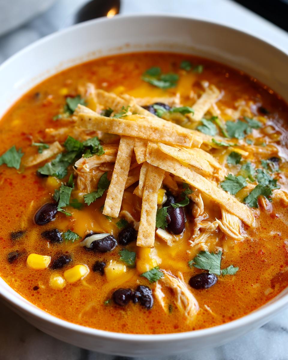 A close-up view of a bowl of vibrant orange chicken enchilada soup topped with shredded chicken, black beans, corn, cheese, tortilla strips, and cilantro.