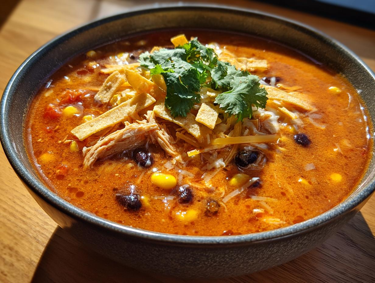Close-up of a rich, orange-red bowl of chicken enchilada soup topped with shredded chicken, cheese, tortilla strips, and cilantro.