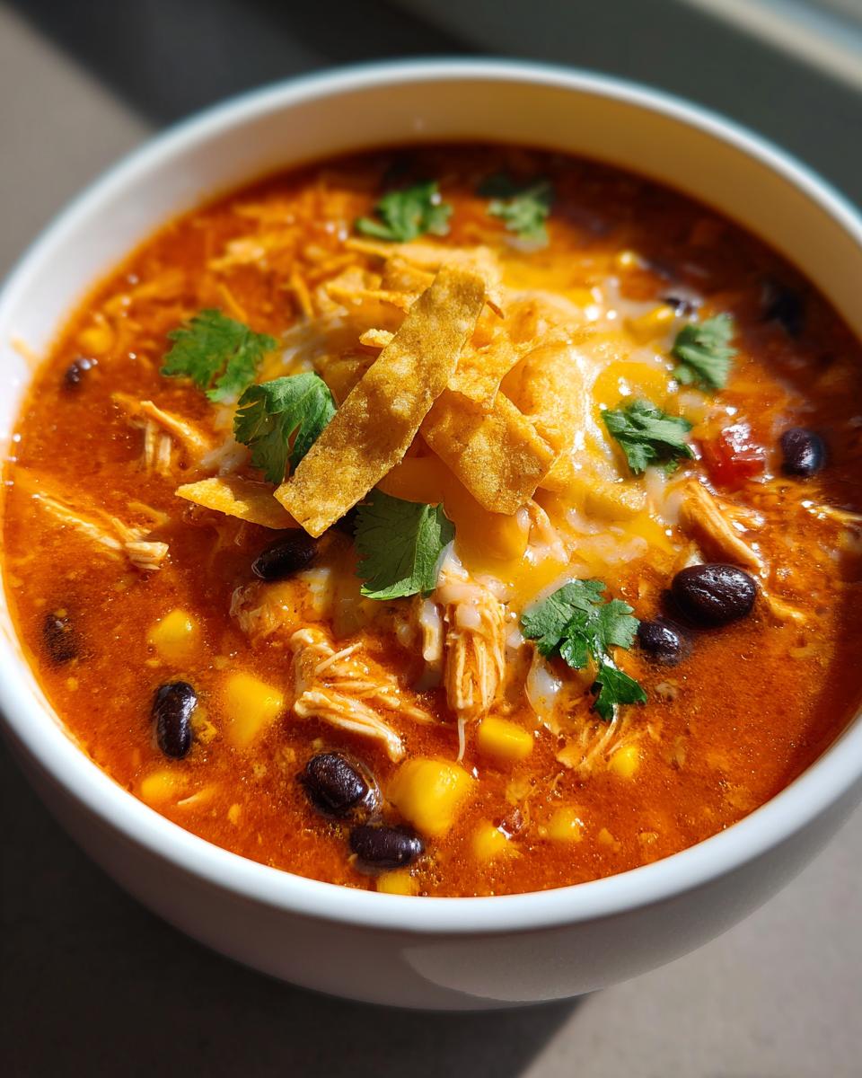 Close-up of a white bowl filled with rich, red chicken enchilada soup, topped with cheese, black beans, and tortilla strips.