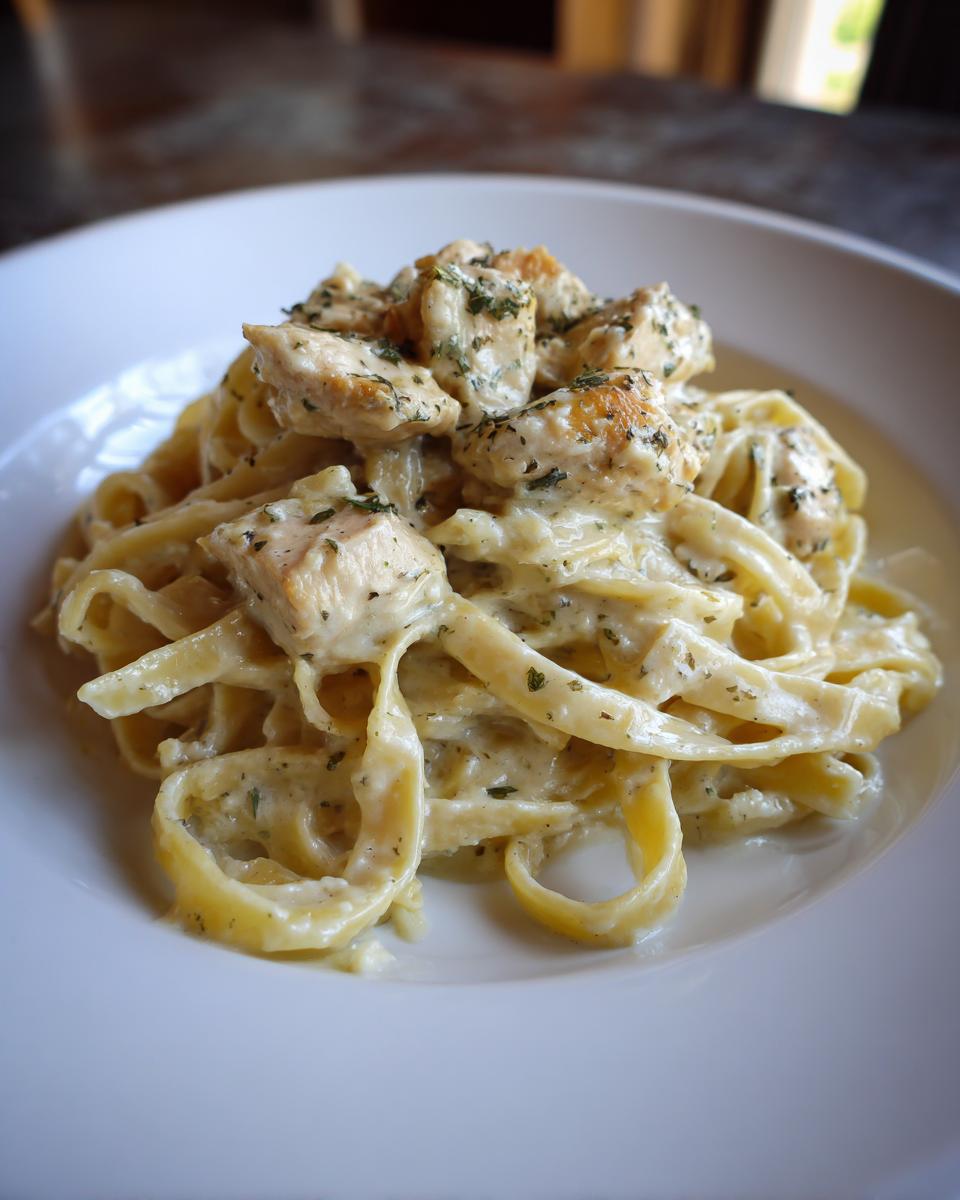 Close-up of creamy chicken fettuccine alfredo pasta topped with seasoned chicken chunks on a white plate.