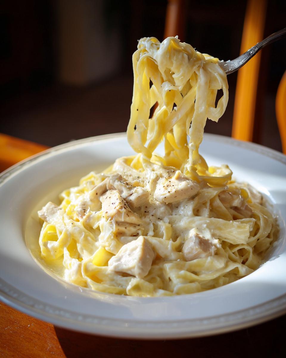 A fork lifting a tangle of creamy fettuccine noodles from a bowl of chicken fettuccine alfredo.