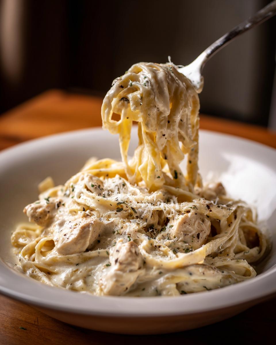 A fork lifting a twirl of creamy fettuccine pasta from a bowl of chicken fettuccine alfredo, topped with Parmesan.