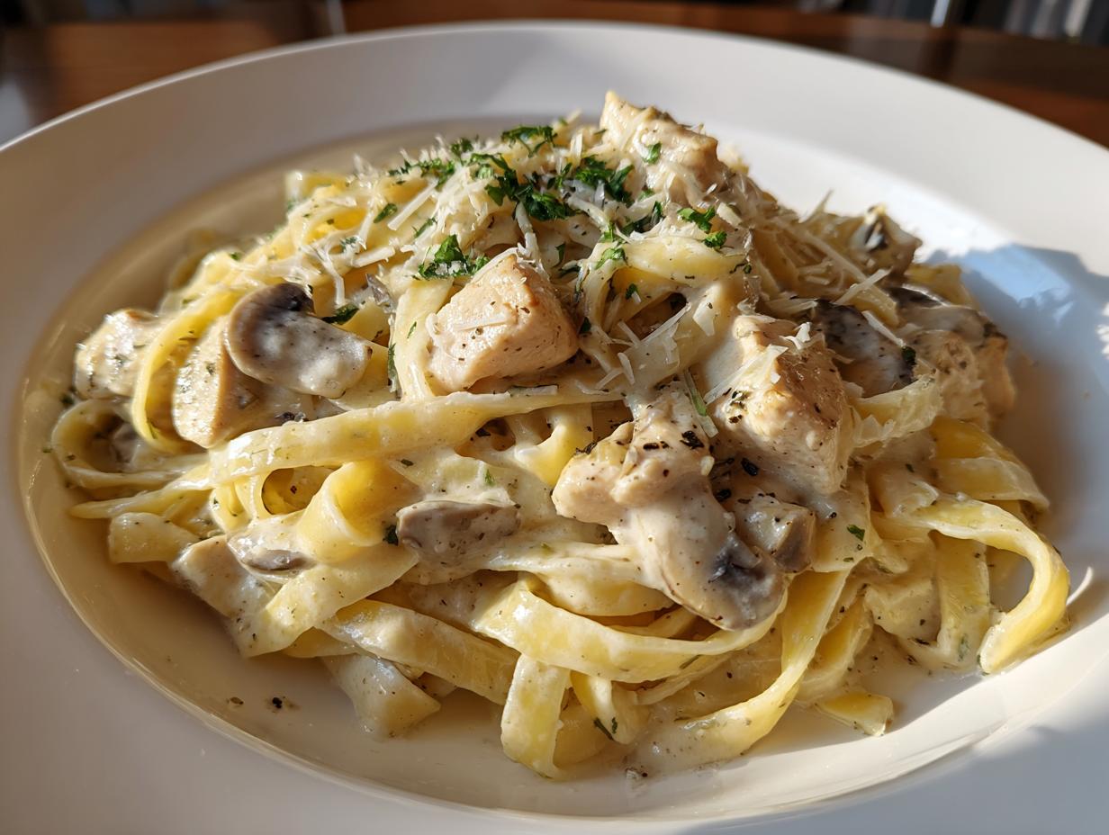 A close-up of creamy chicken fettuccine alfredo pasta topped with mushrooms, parmesan, and parsley.
