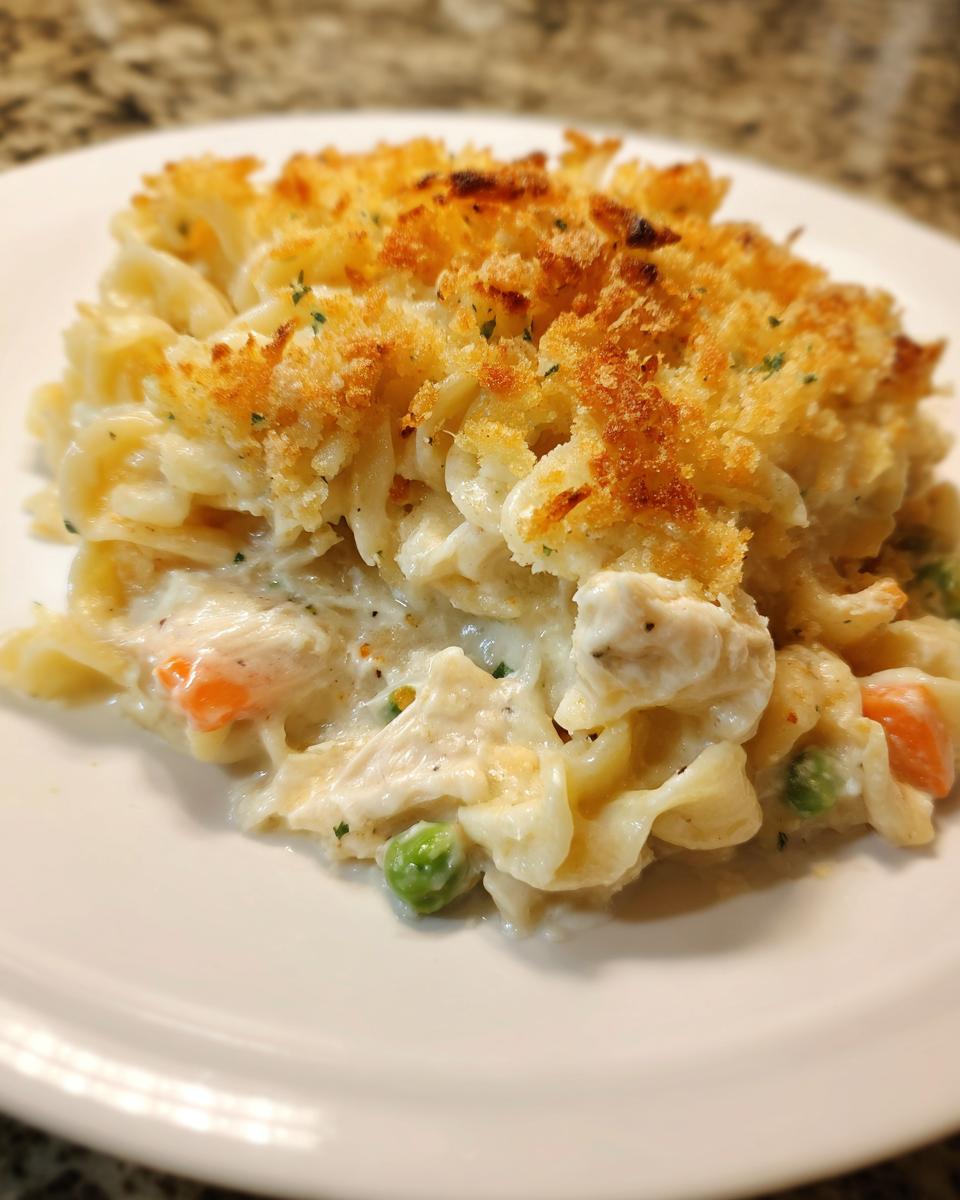 A close-up serving of creamy chicken noodle casserole featuring egg noodles, chicken, peas, carrots, and a golden brown crunchy topping.