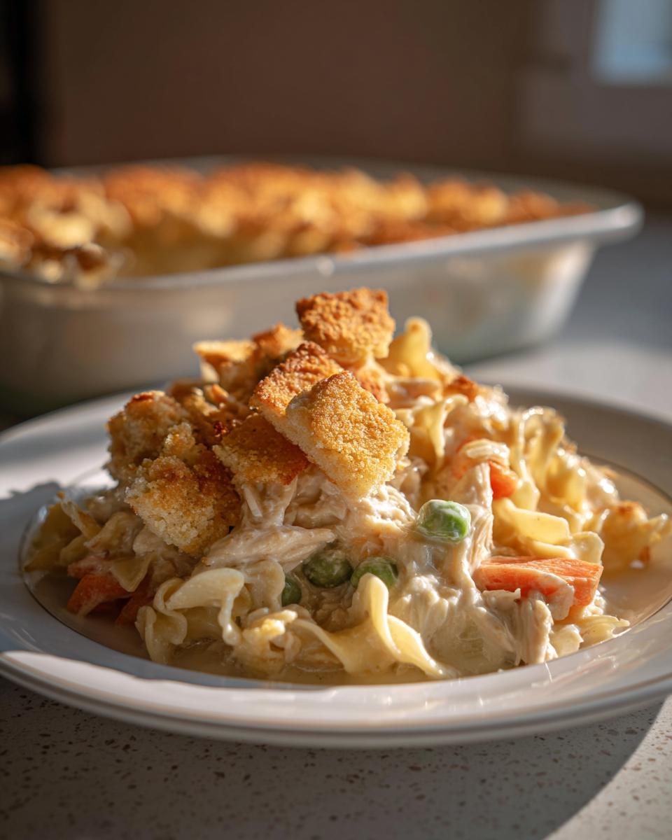 A close-up serving of creamy chicken noodle casserole topped with golden brown croutons, with the baking dish in the background.
