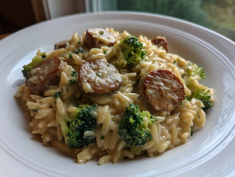 Close-up of creamy chicken sausage and broccoli orzo served in a white bowl.