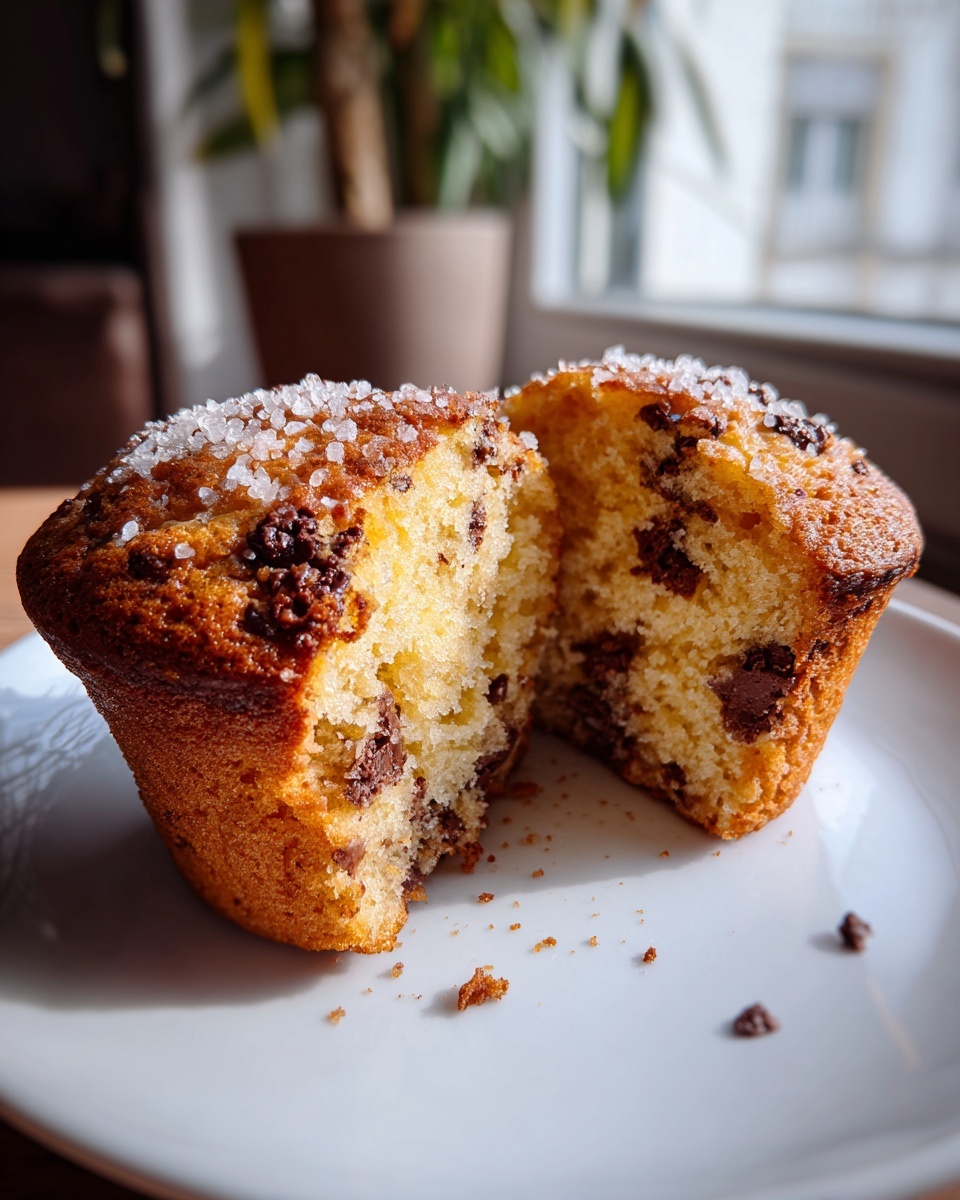A chocolate chip muffin cut in half showing the moist interior and topped with coarse sugar crystals.