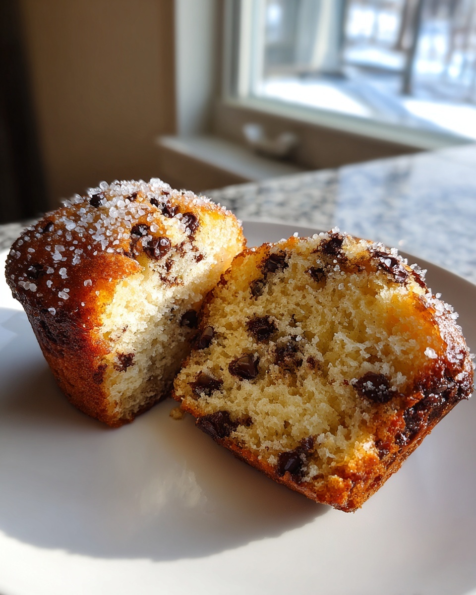 Close-up of a chocolate chip muffin cut in half, showing the moist crumb and sugar topping, perfect for amazing chocolate chip muffins.