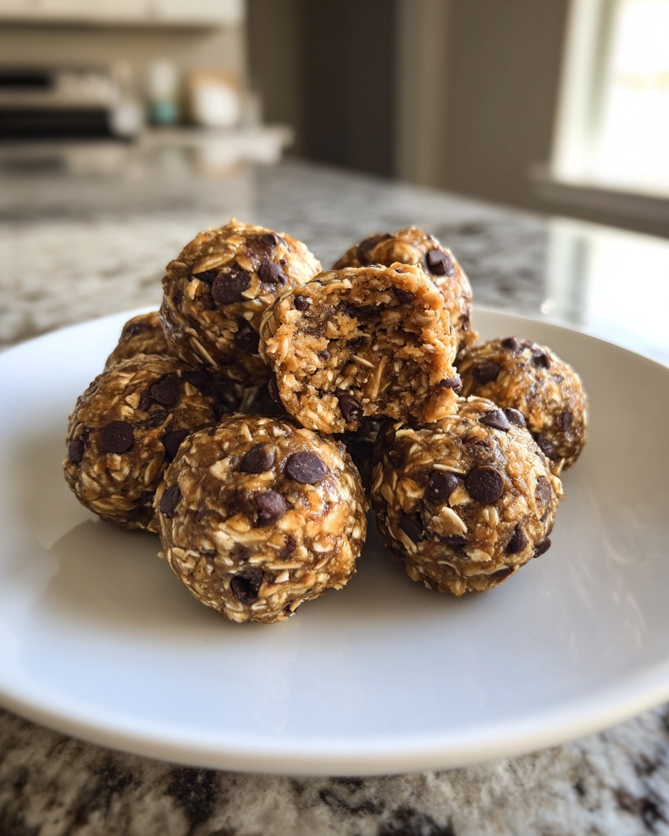 A stack of homemade chocolate chip protein balls on a white plate, showing the texture of oats and the inside of one bitten protein ball.