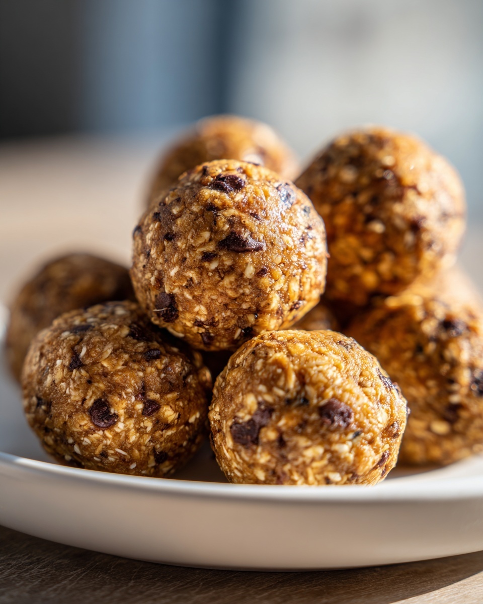 A stack of homemade chocolate chip protein balls made with oats and visible dark chocolate chunks.
