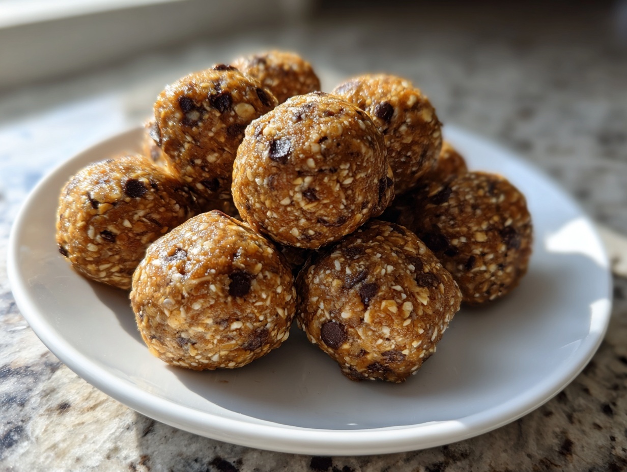 A close-up of several homemade chocolate chip protein balls stacked on a small white plate.