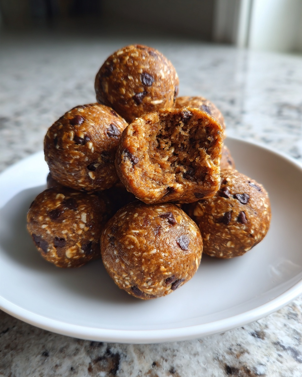 A stack of homemade chocolate chip protein balls on a white plate, one is broken open showing the texture.