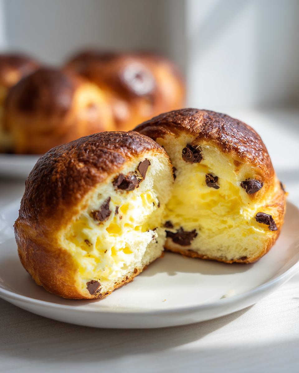 A chocolate chip vanilla custard brioche cut in half, revealing rich yellow custard and chocolate chips inside.