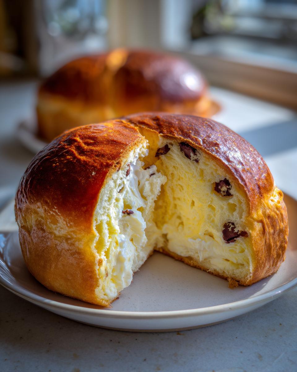 A golden-brown chocolate chip vanilla custard brioche, cut open to show the creamy vanilla custard and chocolate chips inside.
