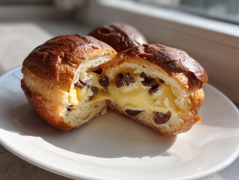 A chocolate chip vanilla custard brioche cut in half, revealing rich vanilla custard and chocolate chips inside the golden pastry.